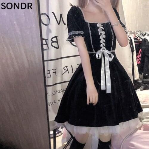 Gothic Dress Kawaii Girl Lolia Japanese Vintage Lace Stitching Short Sleeve High Waist Dress Women 2021 Summer Cute Maid Dresses