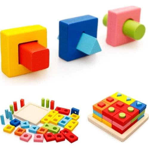 1 Set Children Wooden Geometric Intelligence Board Baby Educational Toy Shape Matching Columns Building Blocks Teaching Aids Toy