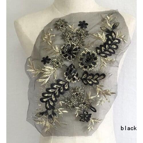 SASKIA 1Pcs Beaded 3D Flowers Diy Patch Mesh Fabric Lace Applique Sew Patches Floral Patch Costume For Wedding Dress Black Wine