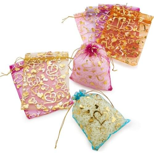 10pcs Heart Printed Organza Bags Present Gift Packaging Christmas Jewelry Candy Pouches Bags wholesale Size 12x10cm & 18x13cm