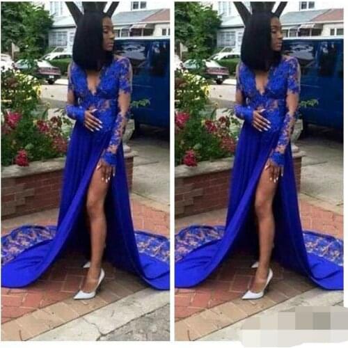 2020 Arrival Exquisite Lace Applique Deep sexy Party Prom Dresses Elegant Lace Said Split Royal Blue Evening Dress Free Shipping