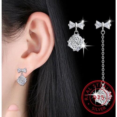 925 Sterling Silver Earrings luxury CZ Zirconia Bowknot Cube Long Tassel Asymmetric Earrings For Women oorbellen brincos S-E403
