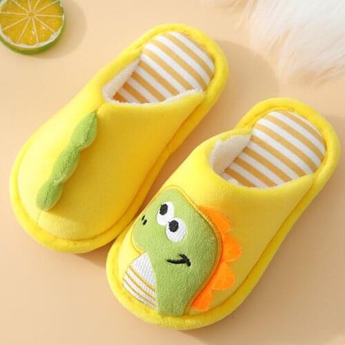Children Winter Slippers Plush Warm Cotton Cartoon Dinosaur Kids House Slippers Soft Anti-slippery Floor Shoes for Boys Girls