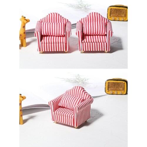 Dollhouse Red Stripe Sofa with Pillow Set 1:12 Scales Miniature Dollhouse Furniture Toy Decoration Accessories Kids Gift
