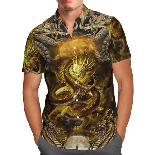 Vintage 3D Golden Dragog Beach Hawaiian 2021 Summer Shirt Short Sleeve Shirt Streetwear Oversized Camisa Social Chemise Homme