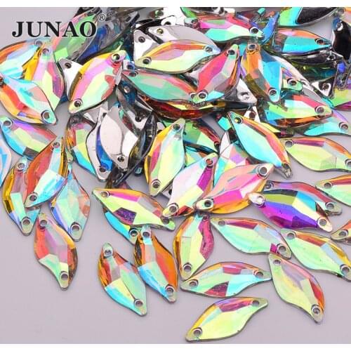 JUNAO 100pcs 9*20mm Sew On Crystal AB Horse Eye Rhinestone Applique Flatback Fancy Resin Crystal Stones Needlework Strass Crafts