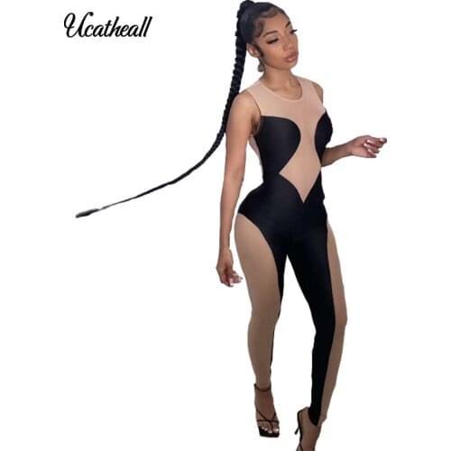 Sexy Mesh Matching Playsuit Womens Sleeveless Splicing Long Jumpsuit Backless Skinny Rompers Overalls One Piece
