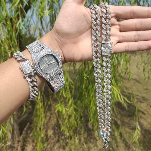 3pcs Kit Hip Hop Iced Out Paved Rhinestones 12MM Full Miami Cuban CZ Necklace+Watch+Bracelet Rapper For Men Women Charm Jewelry