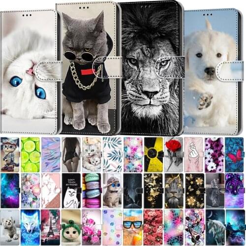 Etui Flip Leather Phone Case For Xiaomi Redmi 9 9T Redmi Note 9 Pro 9S 9T Cute Cat Lion Pattern Wallet Card Holder Stand Cover