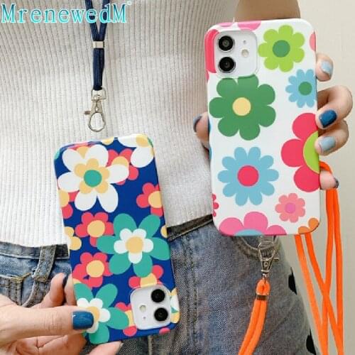 Cute Candy Color Lanyard Phone Case For iPhone 12 11 Pro X XR XS Max 12 Mini 7 8 Plus SE 2020 Cartoon Flower Soft Silicone Cover