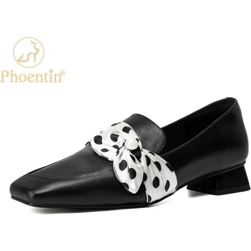 Phoentin Low Heel Square Toe Mules 2021 new Genuine Leather Womens shallow Pumps elegant office ladys shoes big size 42 FT1642