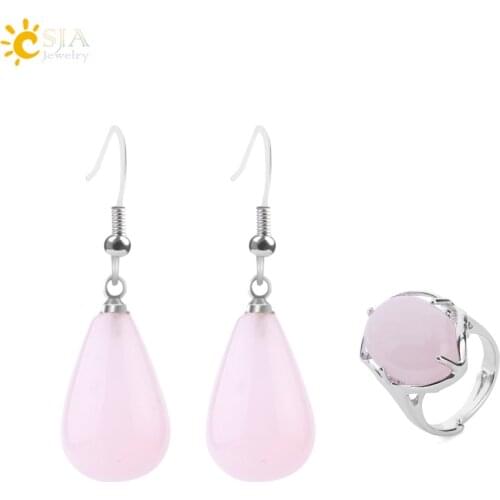 CSJA Reiki Natural Stone Jewelry Set for Women Pink Quartz Crystal Earring Finger Ring Waterdrop Shaped Romantic Lover Gift F662