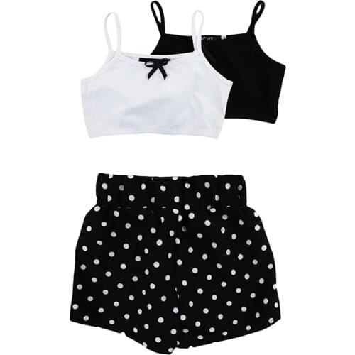 New 3 Pcs Infant Summer Outfits, Baby Girl Solid Color Boat Neck Spaghetti Strap Bowknot Crop Top + Polka Dot Print Shorts