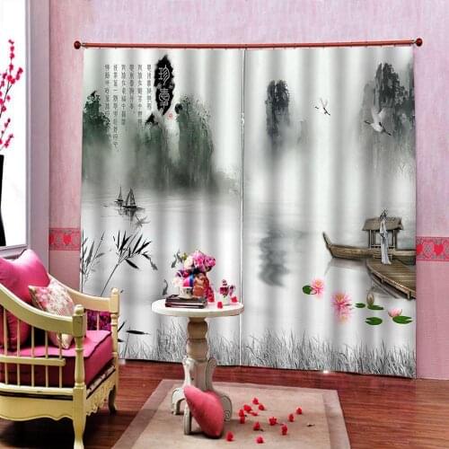 Custom picture new Chinese simple ink landscape Curtain For living room Bedroom Flowers Blackout Window Drapes Indoor Decor Set