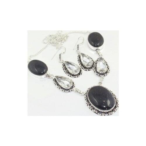 Sun Stone & White Topas Necklace Earing Silver Overlay over Copper , 51.6 cm, N3429