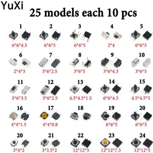 250pcs Car remote control key touch switches touch key component package Micro Tact Switch Kit Tactile Push Button Switch