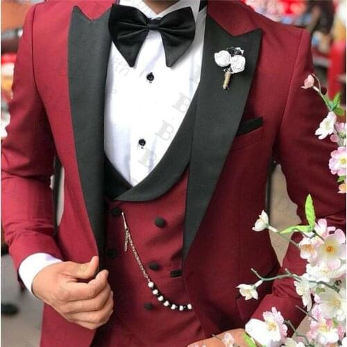 Wedding Suits For Men Slim Fit Mens Business Casual costume Burgundy With Black Peak Lapel Formal Terno Masculino Clothing