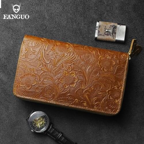 Genuine Leather Long Wallet Vintage Credit Card Holder Clutch Male Bag Double Zipper Large Capacity Long Purse