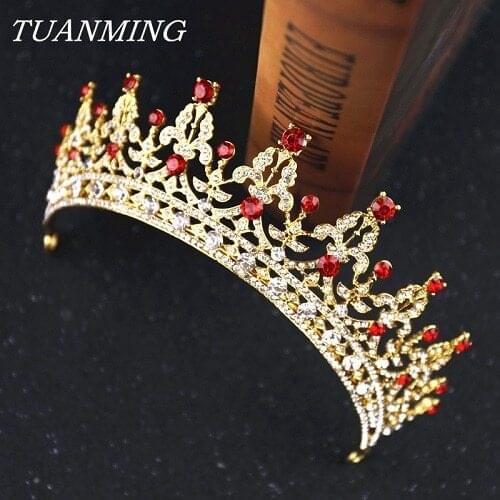 Vintage Golden Crown For Bride Red Crystal Royal Crowns Tiaras Women Hair Jewelry Wedding Princess Rhinestone Crown