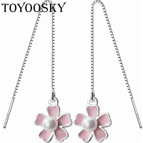 Sterling 925 Silver Ear Line Female Korean Version of the Small Fresh Pink Flower Shell Beads Pearl Ear Chain Jewelry
