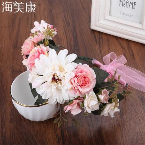 Haimeikang Bride Floral Crown Hair Band Peony Flower Headbands for Women Garland Ribbon Wreath Wedding Girls Hair Accessories