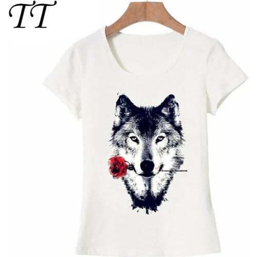 2021 Summer animal design cute women short sleeve funny wolf with a rose print T-Shirt female casual Tops hipster girl Tees