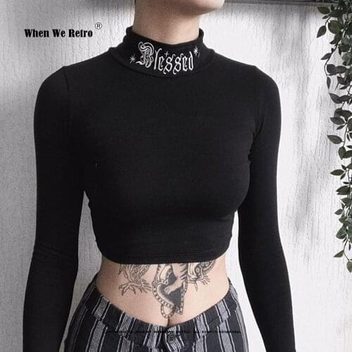 Women Black Bodycon Long Sleeve Crop Tops Gothic Harajuku Letter Embroidery Vintage Solid Tops Female Casual Basic Tops VD2196
