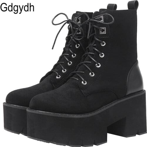 Gdgydh Lace Up Motorcycle Boots Autumn Punk Boots Women Platform Winter Shoes Plush Inside Square Heel Suede Leather Promotion