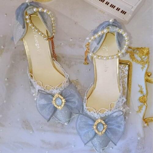 Cute Girls Tea Party Anime Cosplay Wedding Women Lolita Shoes Bowknot Lace Point Toe High Heels 7cm Kawaii Anime Cos Girls Shoes
