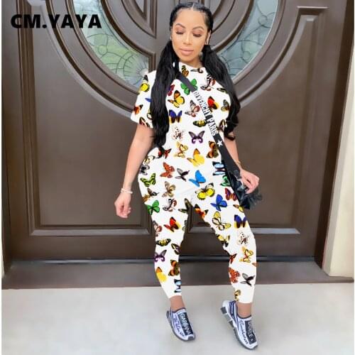 CM.YAYA Women Set Print Short Sleeve O-neck T-shirts Tops Stretchy Pencil Pants Two 2 Piece Sets Active Tracksuit Summer Outfits