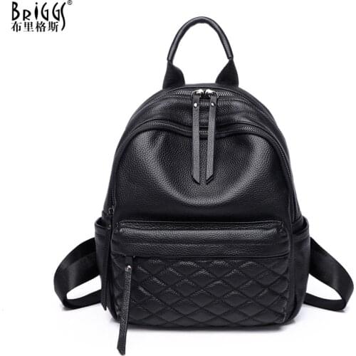BRIGGS Soft Cow Genuine Leather Backpack Casual Large Capacity Women Knapsack Travel Outdoor Female Rucksack Shoulder Bag Black