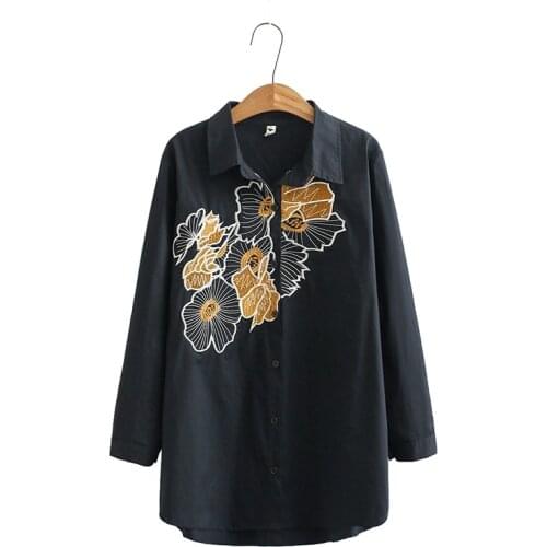 Plus Size White Black Floral Embroidery Long Sleeved Tops Womens Vintage Blouse Muslim Blusas