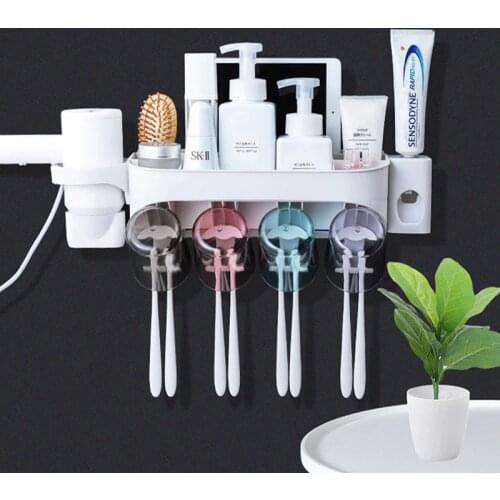 Automatic Toothpaste Dispenser Squeezer Toothbrush Holder Makeup Storage Rack Hair Dryer Shelf Bathroom Cosmetic Organizer