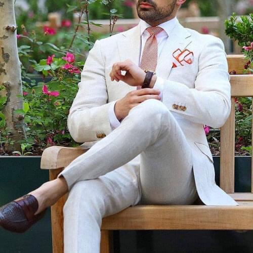 2020 Latest Coat Pants Designs White Linen Men Suits for Beach Wedding Suits Groom Tuxedos Costume Homme 2PieceTerno Masculino