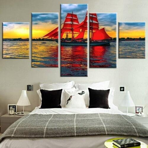5 Pcs Canvas Pictures Print Wall Art Canvas Red Sails in the Ocean Paintings Wall Decor Print for Living Room framed