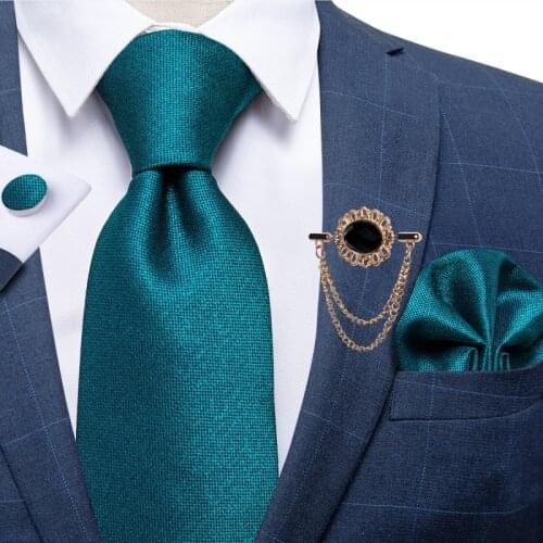 8cm New Mens Ties Teal Blue Solid Formal Wedding Business Necktie Handkerchief Set Neckwear Cravat Brooch Accessories DiBanGu