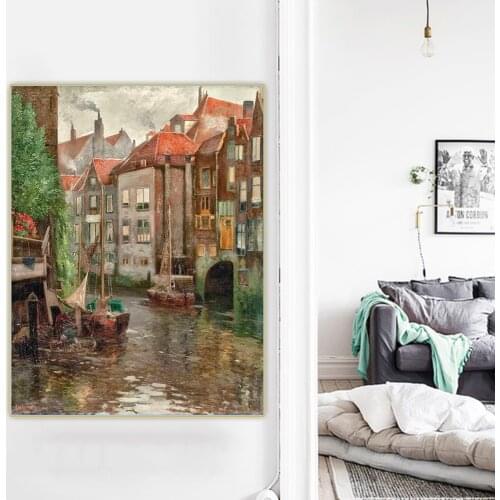 Adolf Kaufmann《Boote in einer Gracht》Canvas Oil Painting Aesthetic Poster Picture Wall Hanging Decor Home Living Room Decoration