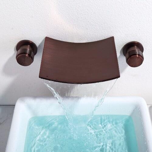 Free ship Modern Oil rubbed bronze ORB Waterfall Wall Mount Bathroom Bath Widespread Sink Faucet mixer Tap double Round handles
