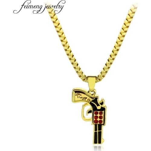 Hip Hop Uzi Gun Necklace Personality Rap Rock Golden Red Crystal Postol Pendant Necklace For Women Fashion Gifts