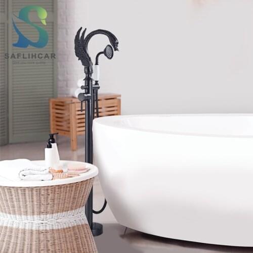 Black Bathroom Bathtub Faucet Floor-standing Hot and Cold Mixer Taps Special Swan-shaped Water Outlet Bathtub Floor Faucet