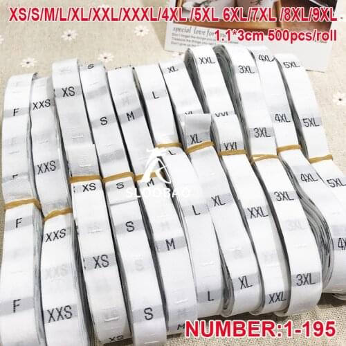 1.1X3cm 500pcs/roll Black on White woven/care/cloth size labels XS/S/M/L/XL/XXL/XXXL/4XL/5XL/6XL/7XL/8XL/9XL for garment clothes