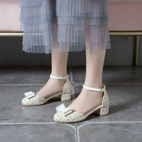 ZawsThia Tweed Plaid Checker Ankle-Wrap Girls Dress Shoes Chunky Middle Heels JK Lolita Shoes With Bowtie Knot Women Sandals
