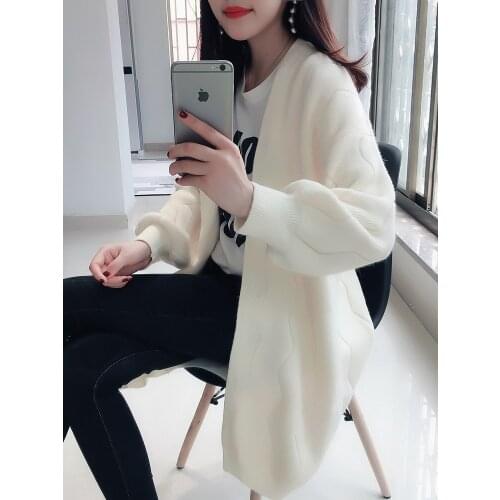 Korean Winter Autumn Long Female Cardigans Latern Sleeve Casual Knitted Sweaters Oversized Long Cardigans NS4399