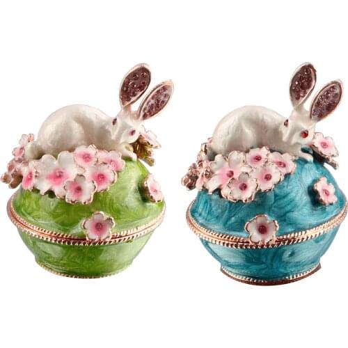 Jewelry Storage Box with Rabbit Cherry Blossoms Figurine Hand-Painted Necklace Ring Trinket Box Christmas Gift Keepsake Decor