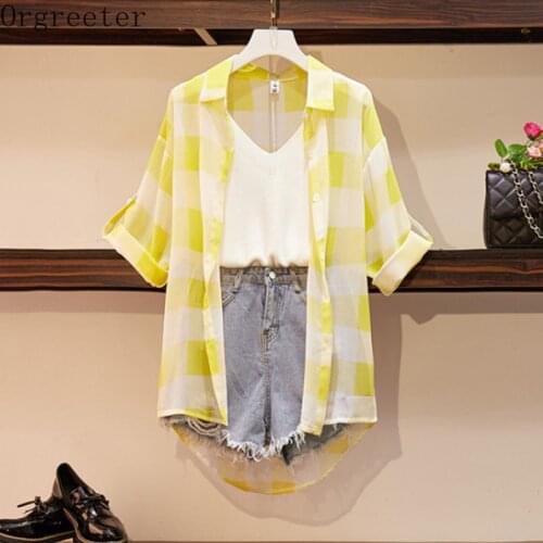 Plus Size M-4XL Casual Denim Shorts Tracksuit Women 2021 Summer Plaid Shirt Elastic Knitted Vest With Short Jeans 3 Piece sets