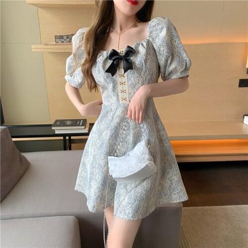 Summer Dress For Women 2021 Sweet Girls Lace Flora vestidos Chiffon Female Square Collar Puff Sleeve Mini Dresses Casual