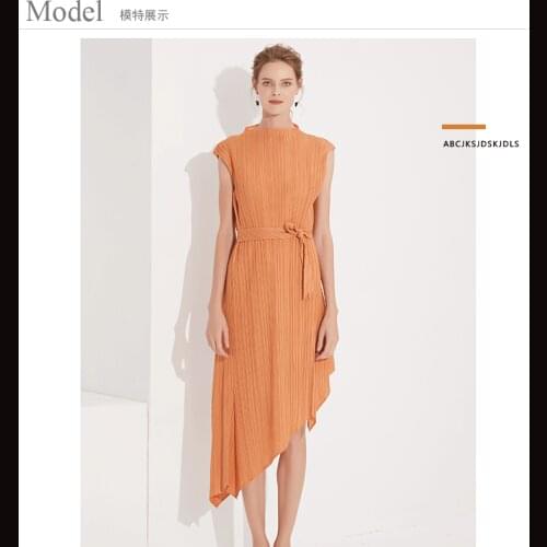 HOT SELLING Fashion Miyake fold solid sashes dress sleeveless stand collar irregular dress IN STOCK