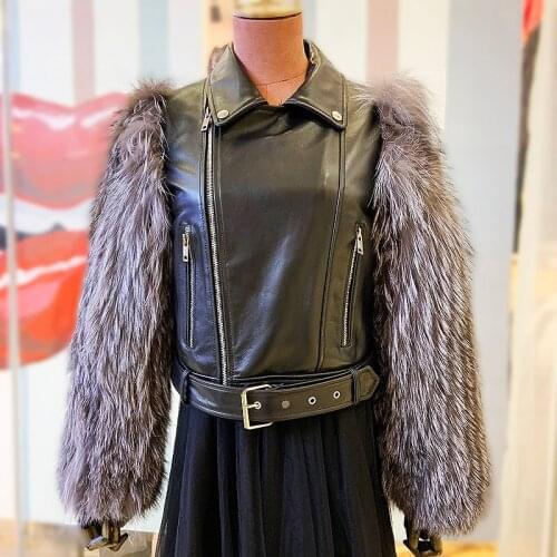 Mayloufer New Genuine Leather Jacket 100% Real Sheepskin Coat with Natural Silver Fox Fur Sleeves Short Slim Locomotive Design