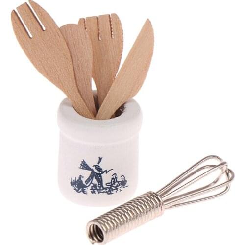 Miniatures Wooden And Fork Metal Whisk Jar Set Accessories Doll House Kitchen