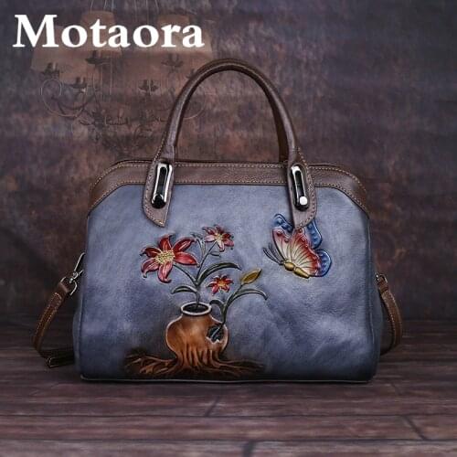 MOTAORA Vintage Women Bag Genuine Leather Retro Handbag For Women Handmade Embossed Shoulder Bags China Style Boston Bags Female